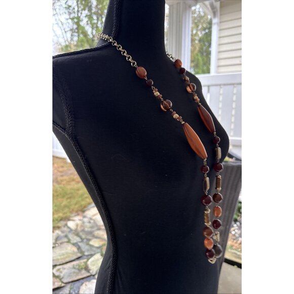 Chicos Brown Amber Gold Tone 20" Long Beaded Statement Necklace NEW - Picture 5 of 16